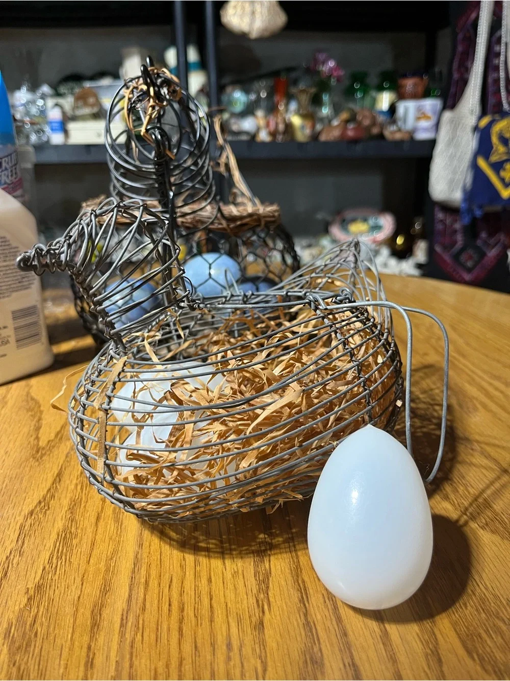 Wire Chicken Basket with Decorative White Glass Handblown Eggs